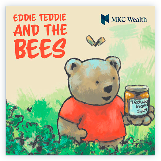 Close-up view of 'Eddie Teddie and the Bees' book cover, a part of MKC Wealth's financial literacy series for children.