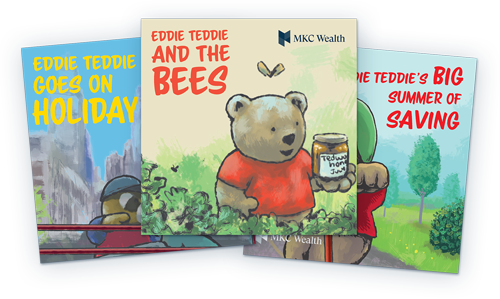 Collection of Eddie Teddie Educational Finance Books including titles like 'Eddie Teddie goes on holiday', 'Eddie Teddie and The Bees', and 'Eddie Teddie’s Big Summer Of Saving' owned by MKC Wealth.