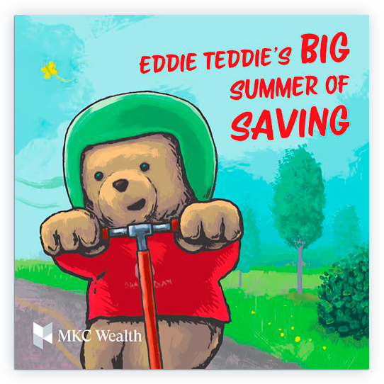 Detailed image of 'Eddie Teddie’s Big Summer Of Saving' book cover by MKC Wealth, teaching kids about saving money.